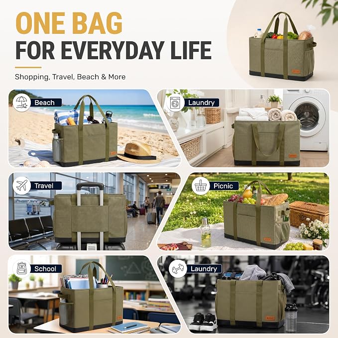 WONDAY Extra Large Utility Tote Bag - Standing Reusable Grocery Bag with Handle, Collapsible Storage for Shopping, Beach