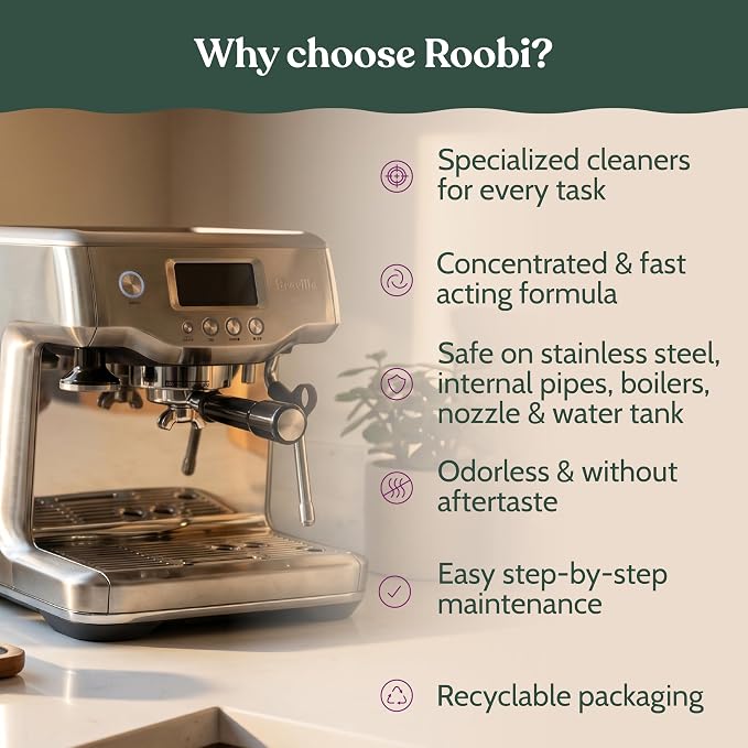 Roobi Espresso Cleaning Kit Compatible with Breville. Includes Descaling Solution, Espresso Cleaning Tablets, Water Tank Tabs, Multi-Surface Cleaner, 54mm Disc, Brush & Cloth.