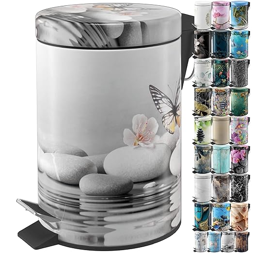 Sanilo Small Bathroom Trash Can with Lid [1.3 Gallon] - Lidded Tiny Trashcan for Garbage - Mini Metal Bin with Soft Closing Mechanism - Bath Room Accessoire Wastebin with Inner Bucket (Vanesa)