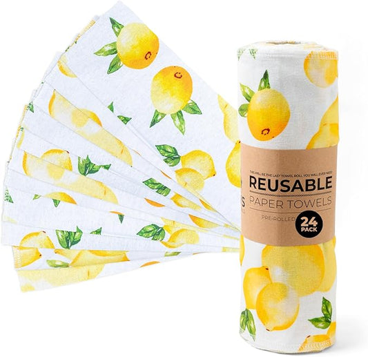 Zero Waste Reusable Paper Towels, Organic Cotton Flannel Wipes for Kitchen, Bathroom, Hand Drying, Pet Messes, and Counter Cleaning, Lemons, 24-Pack Gift Set