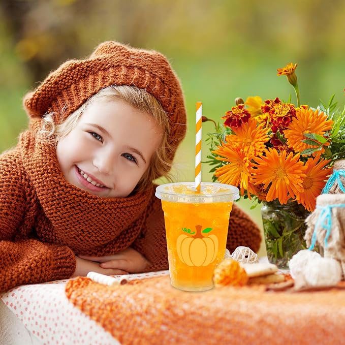 Whaline 50 Pcs Fall Disposable Plastic Cups with Lids and Straws Thanksgiving Party Cups 12oz Orange Pumpkin Cold Beverage Drinking Cup for Harvest Party Autumn Supplies
