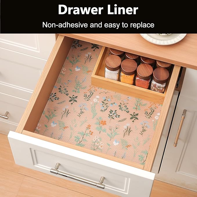 INNOLITES Shelf Liners for Kitchen Cabinets – Drawer Liner Waterproof & Oil-Proof, Non-Adhesive EVA with Floral Pattern – Durable Washable, Easy to Cut (Sage Green, 17.5" x 360")