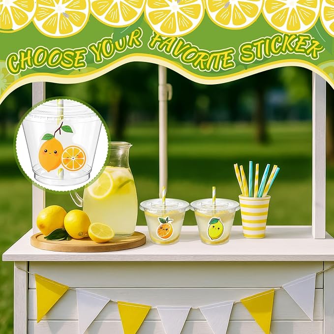 100 Pcs 9 oz Lemonade Stand Supplies, Lemonade Plastic Cups with Flat Lids Straws & Lemon Stickers, Clear Cold Beverage Paty Cup for Summer Birthday Party Lemon Decoration