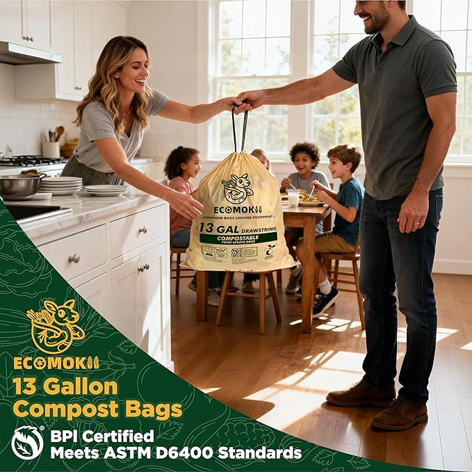 EcoMokii Compostable Trash Bags 13 Gallon with Drawstring, 60 Count, 49.2 Liter, 1.2 Mil Heavy Duty Compost Bags Extra Thick for Tall Kitchen Garbage Can, Unscented Food Waste Bag, BPI (ASTM D6400)