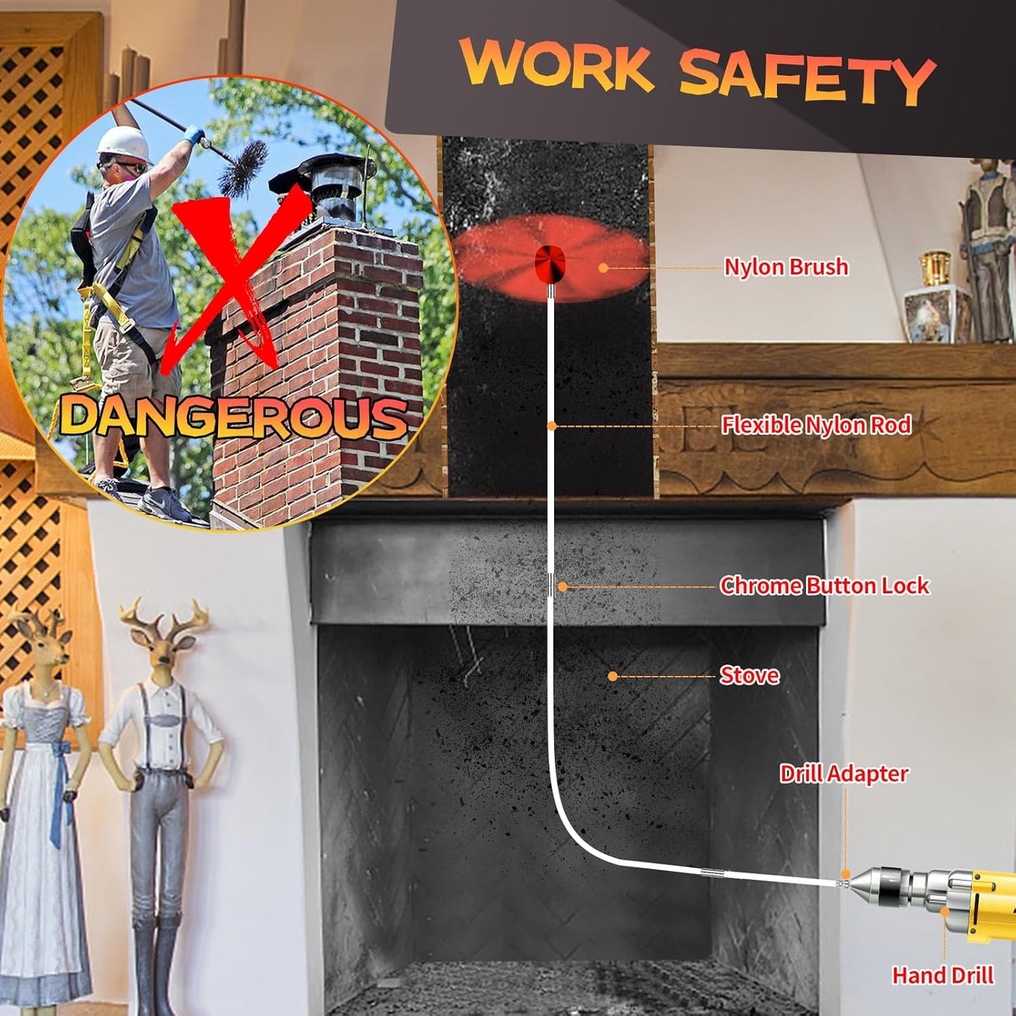 39 Feet Chimney Sweep Kit, Chimney Cleaning Kit with 12 Flexible White Chimney Rods, Chimney Brush for Sweeping Fireplace, Rotary Chimney Cleaning System Driven by Drill