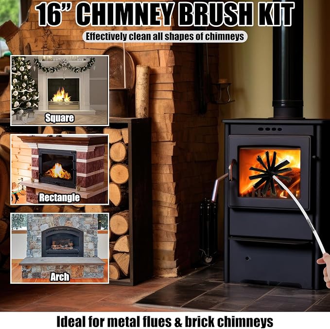 Teenyyou Wire Chimney Cleaning Brush with 1/4" Npt Fitting and 12 Rods, 6 Inch Round Steel Chimney Cleaning Brush and 16 Inch Fiberglass Rods for Hearth Fireplace (Split Type)