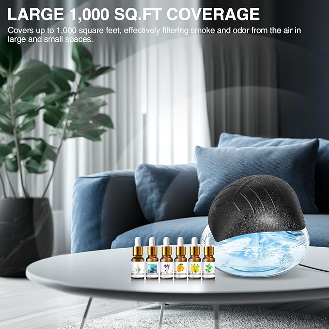 Water Air Purifier for Home with Essential Oil Diffuser & Humidifier, Rainbow Air Washer with LED Mood Light- Includes 6x10ml Essential Oils, Air Revitalizer for Smoke and Pets, Black
