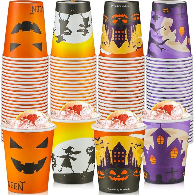Qeeenar 240 Pcs 9 oz Halloween Disposable Paper Cups, Witch Design, Cylindrical Shape, Hot Drinks, Purple & Orange Colors, Halloween Party Supplies