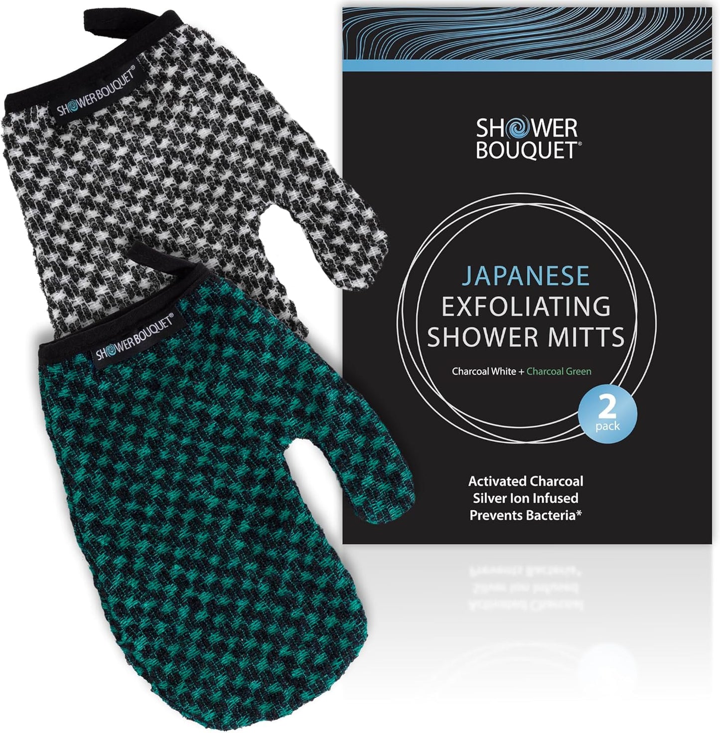 Japanese Exfoliating Mitt 2-Pack - Charcoal & Silver Ion Exfoliating Gloves for Shower - Soft Inner Fabric Gentle Exfoliation & Deep Cleansing Body Scrub Gloves for All Skin Types - 1 White, 1 Green
