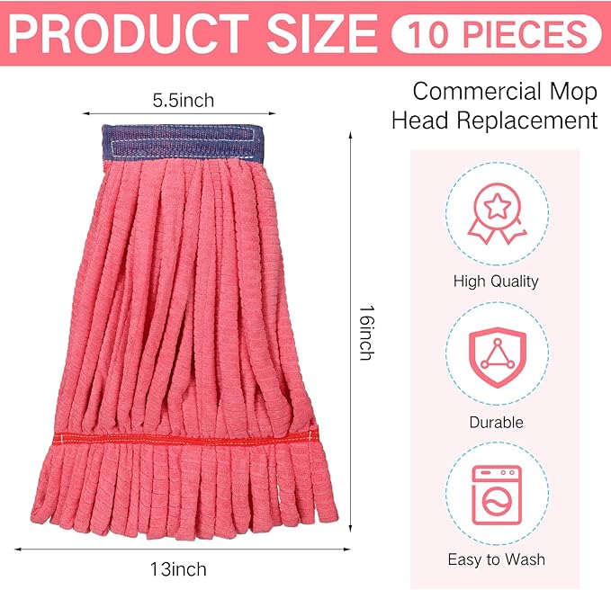 Lallisa 10 Pcs Commercial Mop Head Replacement Tube Microfiber Mop Heads for Floor Cleaning Industrial Mop Heads Looped End Wet Mop Head Refill for Home Commercial Industrial Use (Red,18 oz)