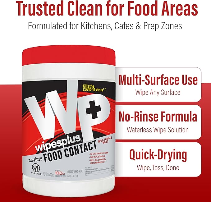 WIPESPLUS Cleaning Wipes All Purpose Food Contact - No Rinse, No Residue, Quick Dry Formula, Disinfecting Wipes For Restaurants, Foodservice, Schools - Canister, 100 Count, (Pack of 12)