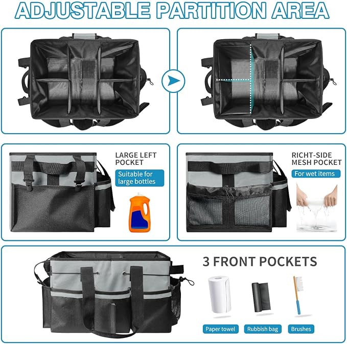 Cleaning Tool Organizer Bag with Handles | 17.8x12.2x9.3in Large Waterproof Cleaning Caddy | Detachable Shoulder Strap & Dividers | for Car Detailing, Housekeeping, Cleaners(Grey)