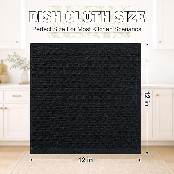 Homaxy 100% Cotton Terry Kitchen Dish Cloths, Ultra Soft Absorbent Dish Towels with Hanging Loop, Pineapple Grid Designed, 12 x 12 Inches, 6-Pack, Black