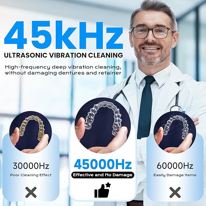 45kHz Ultrasonic Retainer Cleaner, 200ML Dental Cleaning Pod for Dentures, Mouth Guards, Braces, Aligner, Toothbrush Jewelry and More, UV Denture Cleaner with 4 Modes & Digital Timer - White