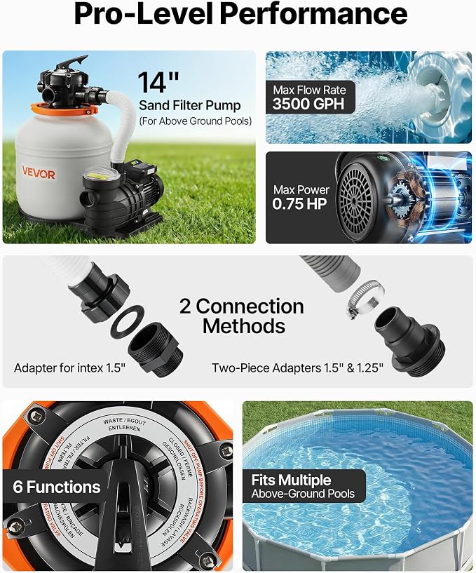VEVOR FlashPure Sand Filter Pump, 14 in for Above Ground Pool, 0.75 HP 3500 GPH, Swimming Pool Filter System with Timer, 6X Faster Filtration, Media Installed, Leak-Resistant, Ready to Use Out of Box