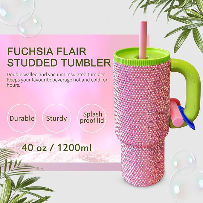 HWISDMIG 40oz Tumbler with Handle-Glitter Rhinestones Tumbler Bling Cups Stainless Steel Water Bottle Diamond Studded Tumbler for Women-Birthday Gifts for Women, Mom, Girlfriend (Fuchsia Flair)