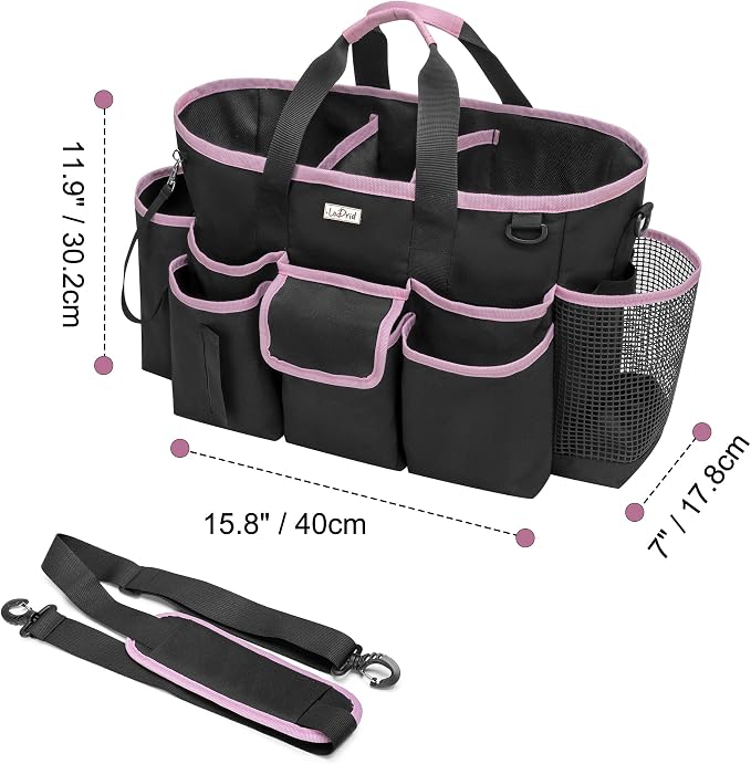 LoDrid Cleaning Caddy Bag with Handle and Shoulder Strap, Cleaning Supplies Organizer for Cleaning Work with 3 Compartments and Multifunctional Pockets, Black with Pink Edge