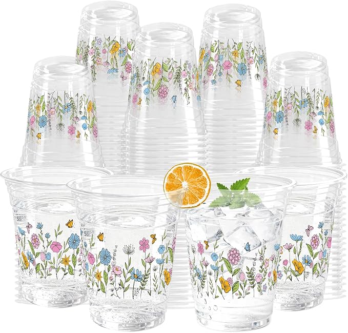 100 Pcs Wildflower Clear Cups 12 oz Plastic Flowers Disposable Drinking Cups Bulk for Spring Groovy Party Floral Baby Shower Birthday Supplies