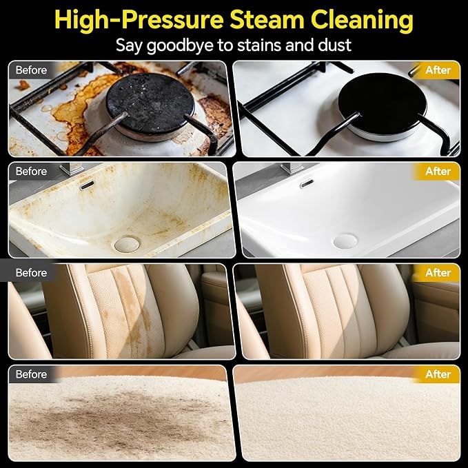 Heapsion Steam Cleaner, Steamer for Cleaning with 15s Fast Heat-Up, 6 Adjustable Levels, 12-Piece Accessories, 1500W Portable Steam Cleaner for Grout, Tiles, Kitchen, Car Detailing, Yellow