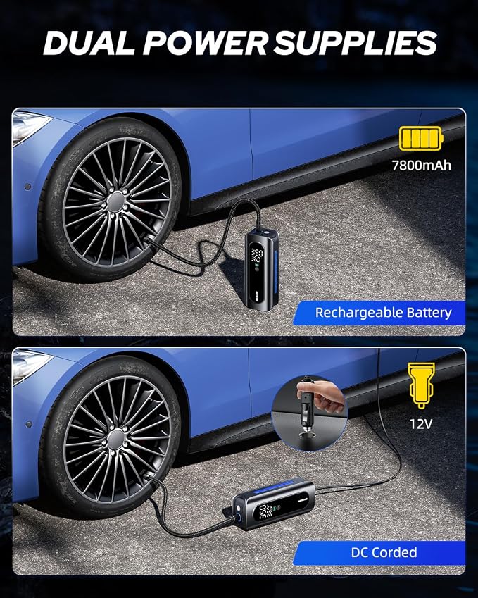 AUTOONE Tire Inflator Portable Air Compressor - 4X Faster 150PSI Cordless Air Pump with Digital Tire Pressure Gauge, 12V Car Power Adapter - for Car Motorcycle Bike Ball and More