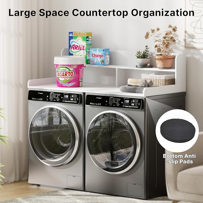 Washer Dryer Countertop with Non-Slip Pads, 2.75" H Guard, 54" W x 27.5" D Wood Laundry Countertop Cover, Large Space Washer Dryer Topper for Laundry Room Organization(White)