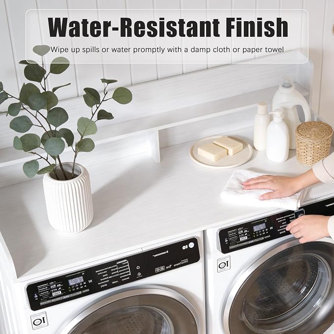 Piskyet Washer Dryer Countertop,2- Tier Laundry Countertop with Edge Rails,27.5" Depth x 54" Wood Countertop,Laundry Machine Topper for Laundry Room Organization and Storage(White)
