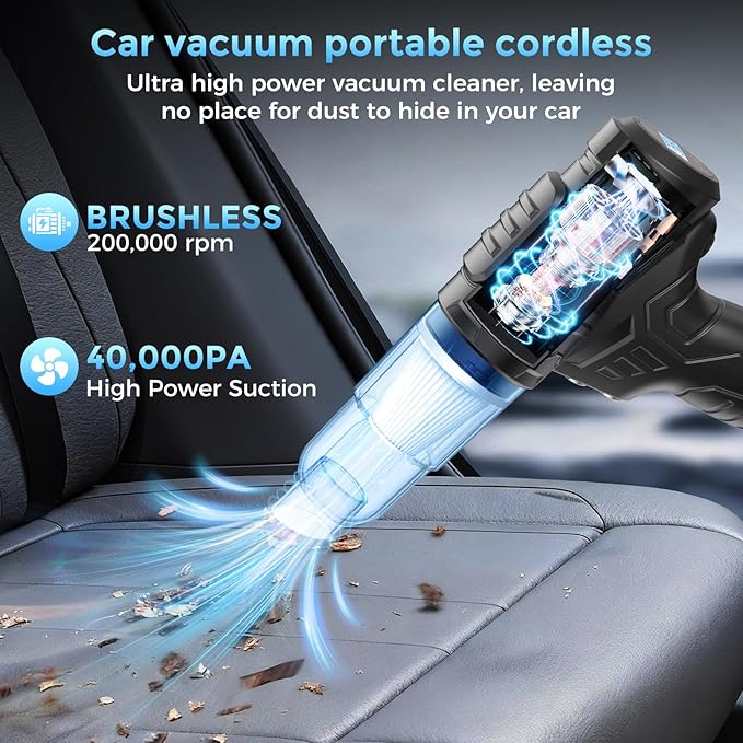 Car Vacuum Portable CordlessTire Inflator for Car 2in1, 40000Pa High Power Dust Buster, Rechargeable 2 Batteries Powered Vacuum Cleaner for Office Home Pet Hair Gifts for Husband Men Black