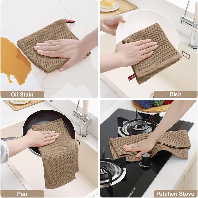 Homaxy 100% Cotton Kitchen Towels and Dishcloths Set, 12 x 12 Inches and 13 x 28 Inches, Set of 10 Bulk Kitchen Towels Set, Ultra Soft Absorbent Dish Cloths for Washing Dishes, Tan