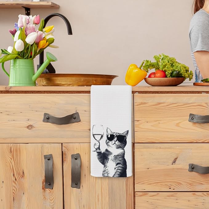 Funny Cat Wine Kitchen Towels, Gifts for Dog Wine Lovers, Bar Accessories Dish Tea Towels for Kitchen, Dog Owners Housewarming Gift Decorative Hand Towel 16x24 Inch