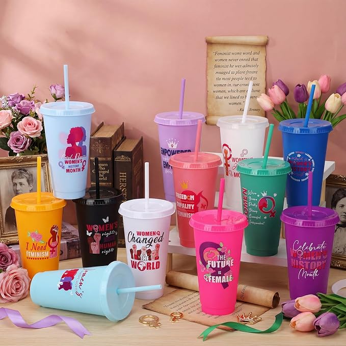 Meanplan 24 Pcs Women's History Month Gifts Bulk 24 oz Plastic Tumbler with Lids and Straws Inspirational Reusable Cups WHM Feminism Gift for March International Women's Day Party Favors