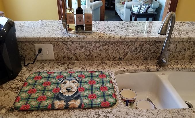 Caroline's Treasures Welsh Terrier Christmas PoinsettIas Dish Drying Mat Absorbent Dish Drying Mat Pad for Kitchen Counter Dish Drainer Mat for Countertop, 14 x 21", Multicolor