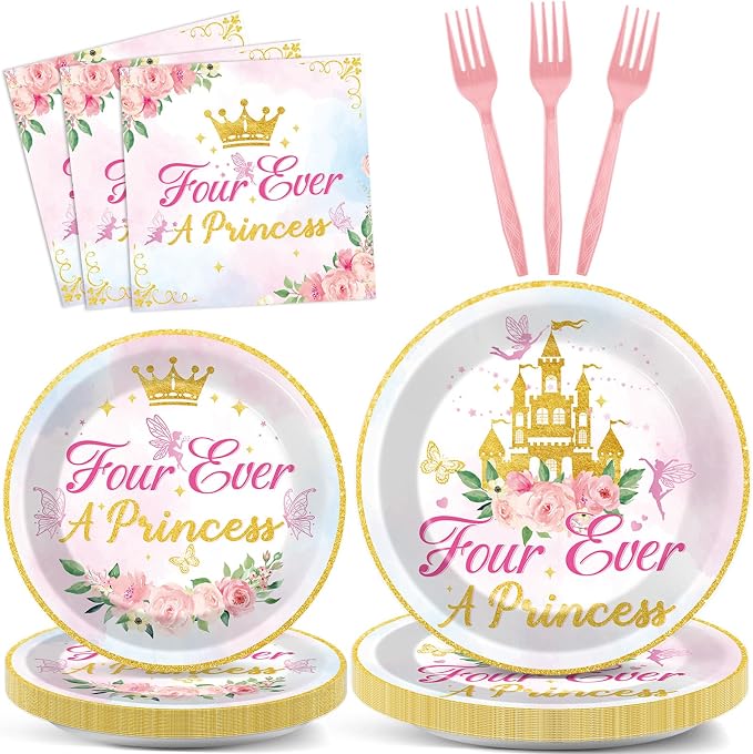 96Pcs Four Ever a Princess Plates and Napkins Girl 4th Birthday Party Decorations Royal Pastel Castle Dessert Disposable Plates Pink & Gold Tableware Set for 24 Guests Floral Fairytale Party Supplies