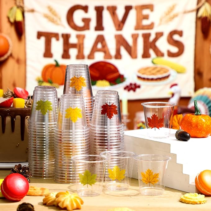 300 Pack 3 oz Thanksgiving Plastic Shot Glasses Thanksgiving Disposable Shot Cups Bulk Clear Mini Maple Leaf Tasting Cups for Autumn Fall Whiskey Party Favors Drinking Supplies