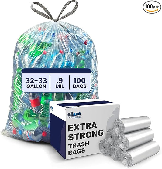 Plasticplace 32-33 Gallon Recycling Bags │ 0.9 Mil │ Clear Drawstring Garbage Can Liners │ 33" x 38" (100 Count)