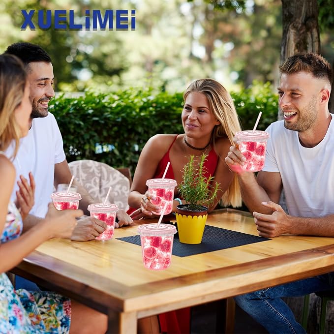 12oz Disposable Stemless Glasses with Flat Lids and Straws,PET Disposable Drinking Cups,Clear Plastic Wine Glasses for Parties Birthday,Wedding,Meeting,Christmas Party Supplies. (50, Pink)