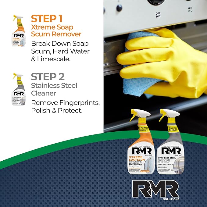 RMR Buildup Breakdown Bundle – Xtreme Soap Scum Remover + Stainless Steel Cleaner Polish, 2-Step Bathroom & Kitchen Cleaning Kit for Shower, Tub, Tile, Glass & Stainless Appliances, 2–32 Oz Bottles
