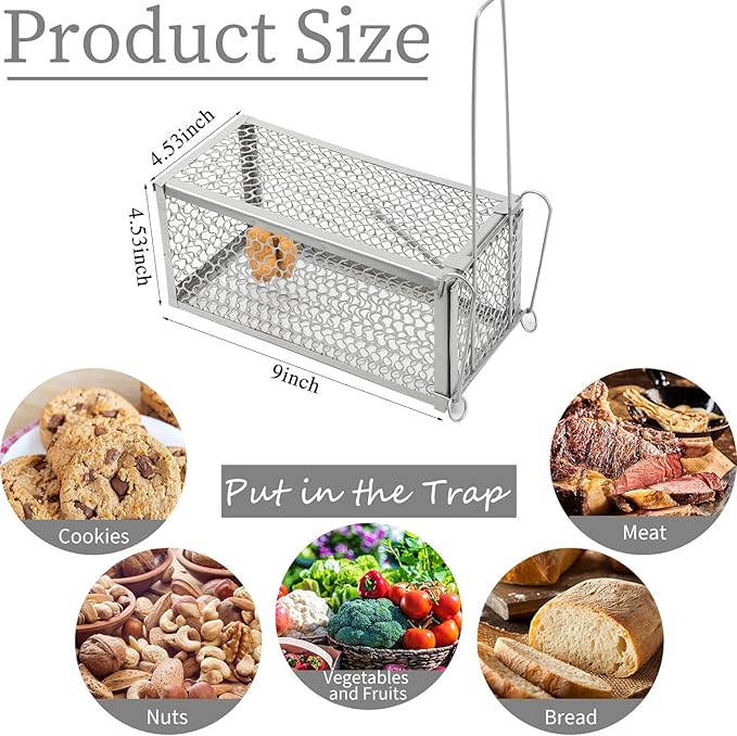 Qualirey 2 Pcs Humane Rat Trap Chipmunk Rodent Mouse Squirrel Trap 9.1 x 4.5 x 4.5 Inches Live Animal Mouse Voles Hamsters Live Cage Rat Cage for Mice Easy to Catch and Release (Silver)