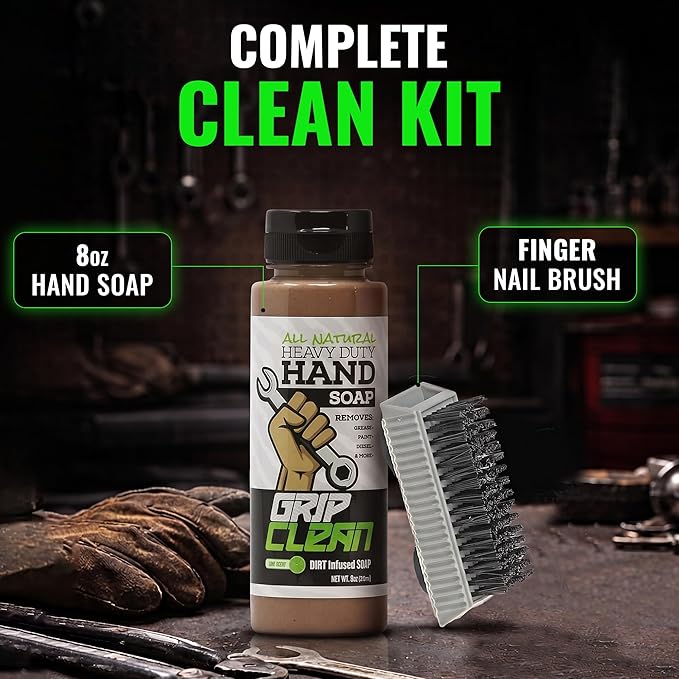 Grip Clean Heavy-Duty Hand Cleaner for Mechanics with Nail Brush - Moisturizing Coconut Oil Hand Cleaner Liquid Hand Soap with Stiff Bristle Nail Brush, Lime Scent – 8 Fl Oz Squeeze Bottle + Brush