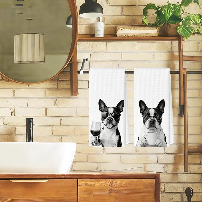 Funny Boston Terrier Kitchen Towels Set of 2, Dog Kitchen Bar Accessories, Dog Chef Gifts for Women Decorative Hand Towels for Kitchen Decor, Boston Terrier Lovers Dish Tea Towel, 16x24 Inch