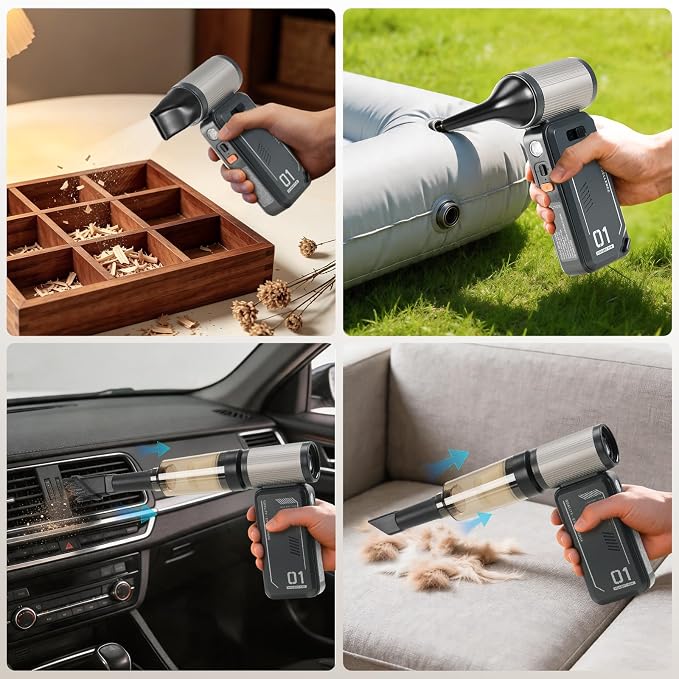 Compressed Air Duster - 130000RPM Rechargeable Electric Cordless Blower, Built-in Cable Power Bank, Vacuum Cleaner with Stepless Speed for Computer Keyboard, Car, Home and Outdoor - Black