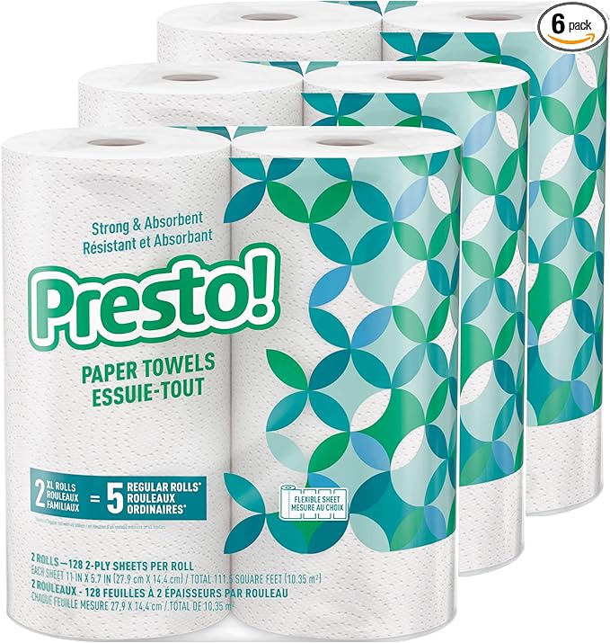 Presto! Paper Towels, 128 Sheet, 6 Rolls | Flex-a-Size | Family Roll | 3 Packs of 2 | White