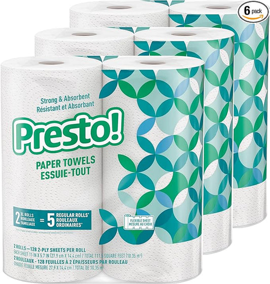 Presto! Paper Towels, 128 Sheet, 6 Rolls | Flex-a-Size | Family Roll | 3 Packs of 2 | White