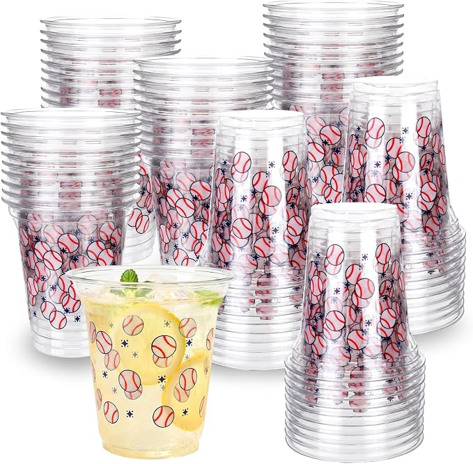 100 Pack 12 oz Baseball Cups, Baseball Party Decorations, Disposable Clear Plastic Baseball Cup, Baseball Themed Party Supplies for Birthday Sports Team Events Holiday Gatherings