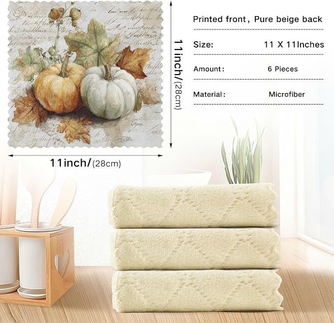 Kitchen Towels Fall Pumpkin Autumn Leaves Thanksgiving Dish Towels Multipurpose Reusable Dish Cloths Soft Cleaning Cloth Kitchen Accessories Set of 6,11"x11"