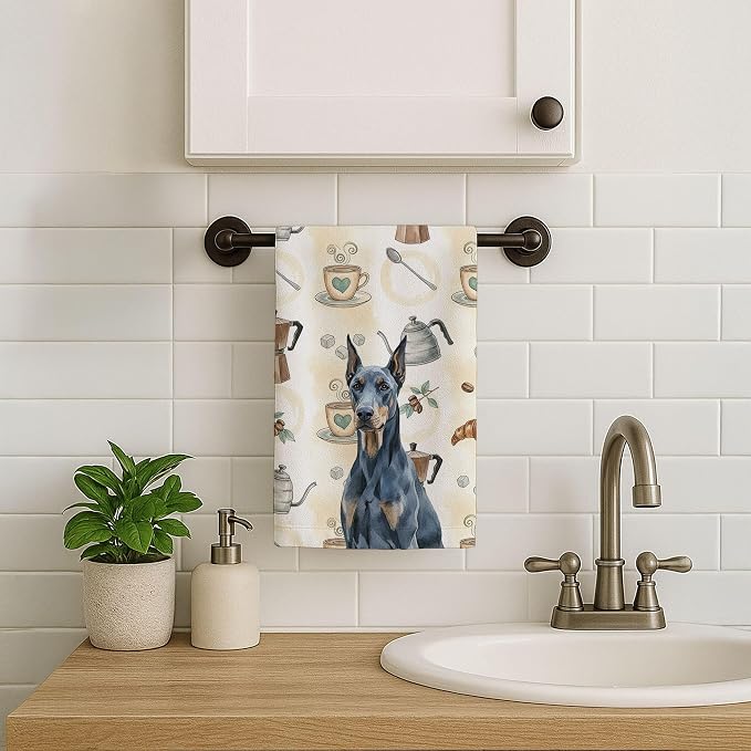 Caroline's Treasures Blue Doberman Pinscher Coffee Bar Kitchen Towel Velour Plush Front and Cotton Loop Back Machine Washable