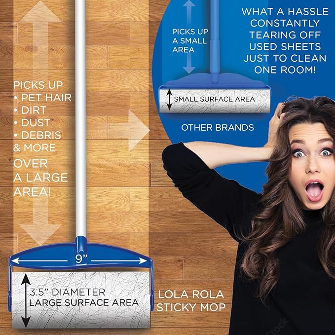 LOLA Rola Sticky Mop Refills, Giant Adhesive Roller, 180 Sheets, Traps Dirt, Dust & Hair, Pet Hair Remover, Floor & Carpet Cleaner, 6 Pack
