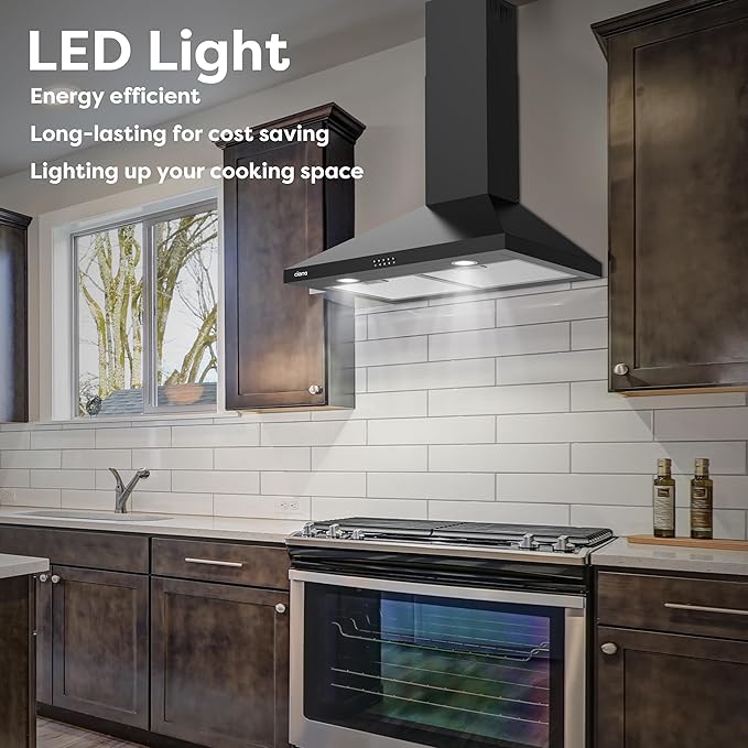 CIARRA Black Wall Mount Range Hood 30 inch 550 CFM Stove Vent Hood with 2 LED Light for Kitchen, 3 Speed Fan, Ducted & Ductless Mode, Push Button, Easy to Install, CAB75206P-N