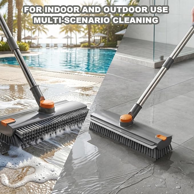360° Rotatable Floor Scrub Brush - 55 Inch Adjustable Long Handle 2in1 Scrub Squeegee Hidden Hair Catcher V-Type Gap Cleaner for Bathroom Kitchen Patio (Gray)