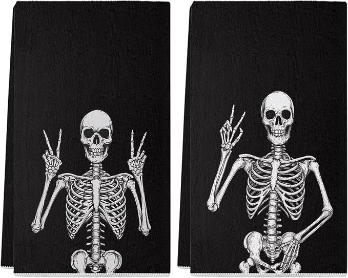 Halloween Kitchen Towels 18x26 Inch Set of 2, Skeleton Spooky Halloween Dish Towels Seasonal Holiday Farmhouse Home Party Decoration