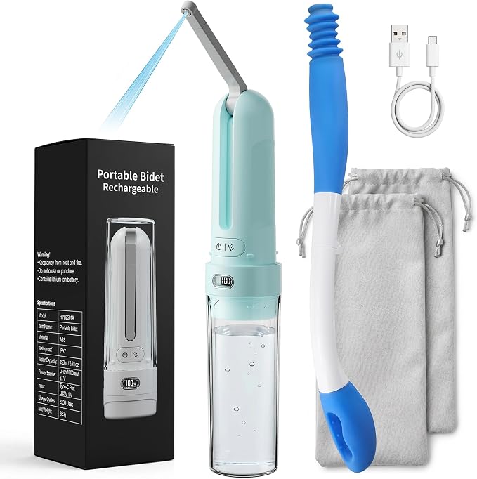Electric Portable Bidet Toilet Aids Wiper Tool Set, Cyan | 2-in-1 travel hygiene kit 15.7" extended length wiping tools 1600mAh Long-lasting Battery USB-C Rechargable IPX7 Waterproof